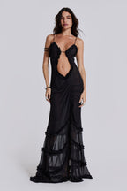 Mixed Print Spaghetti Strap Oval Front Cut Out Tiered Ruffle Slit Maxi Dress