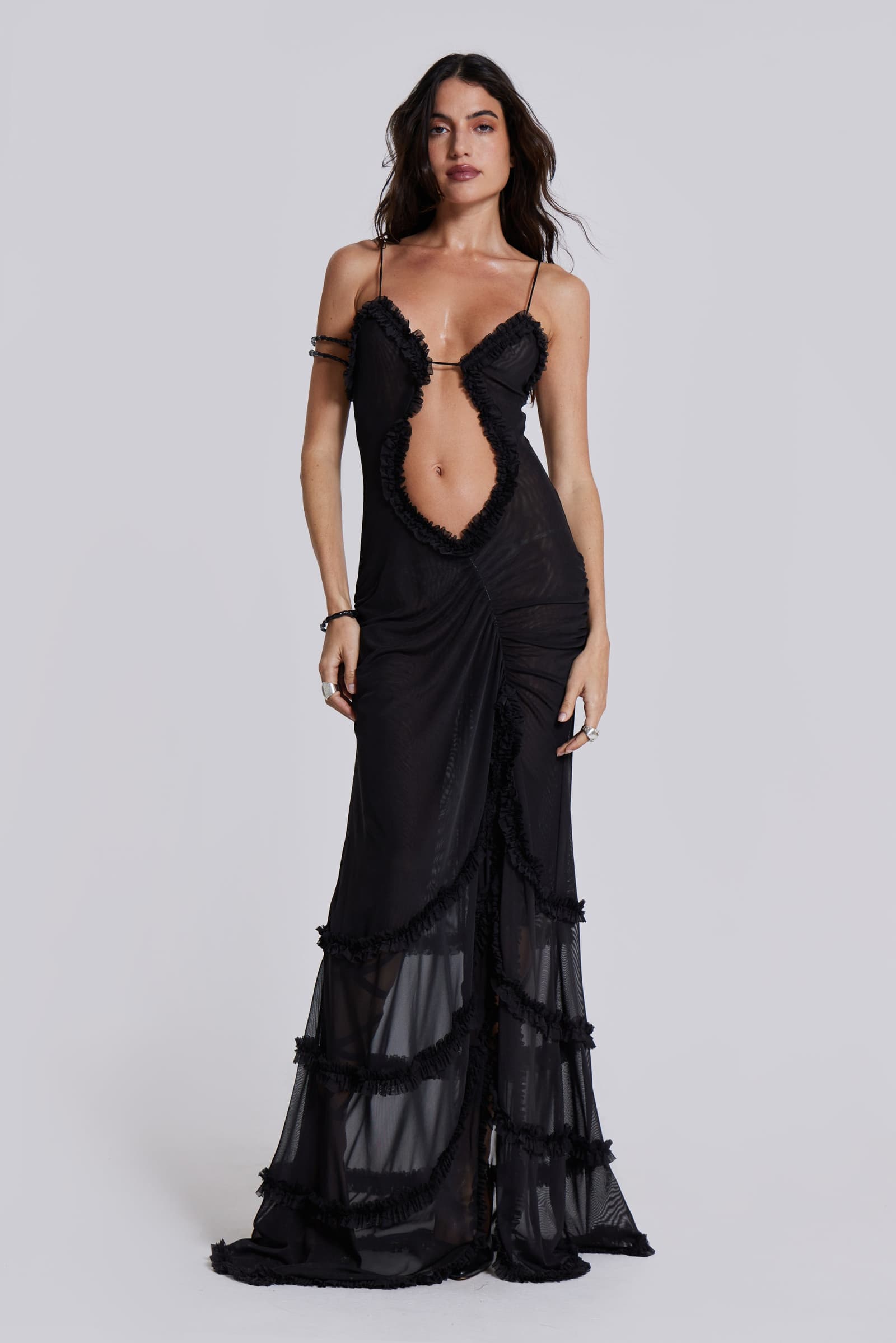 Mixed Print Spaghetti Strap Oval Front Cut Out Tiered Ruffle Slit Maxi Dress