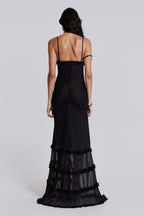 Mixed Print Spaghetti Strap Oval Front Cut Out Tiered Ruffle Slit Maxi Dress