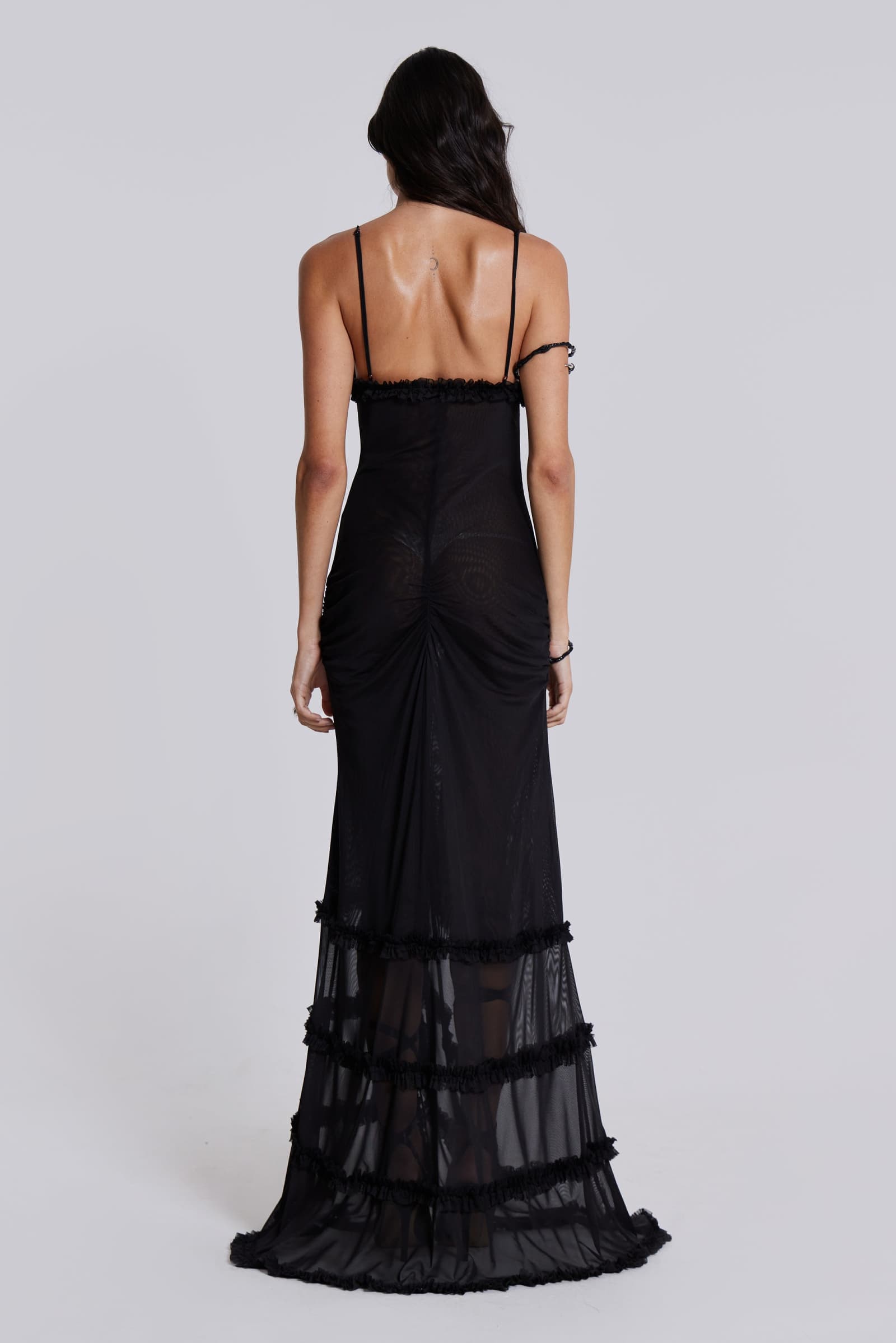 Mixed Print Spaghetti Strap Oval Front Cut Out Tiered Ruffle Slit Maxi Dress