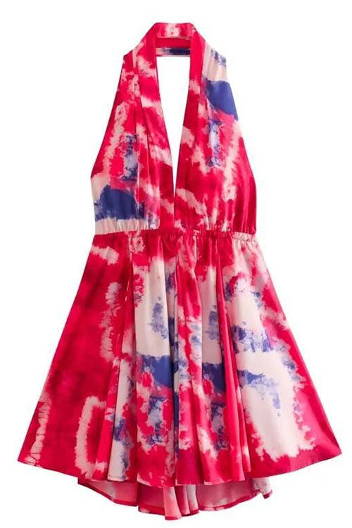 Deep V Neck Halter Backless Printed Mini Vacation Dress