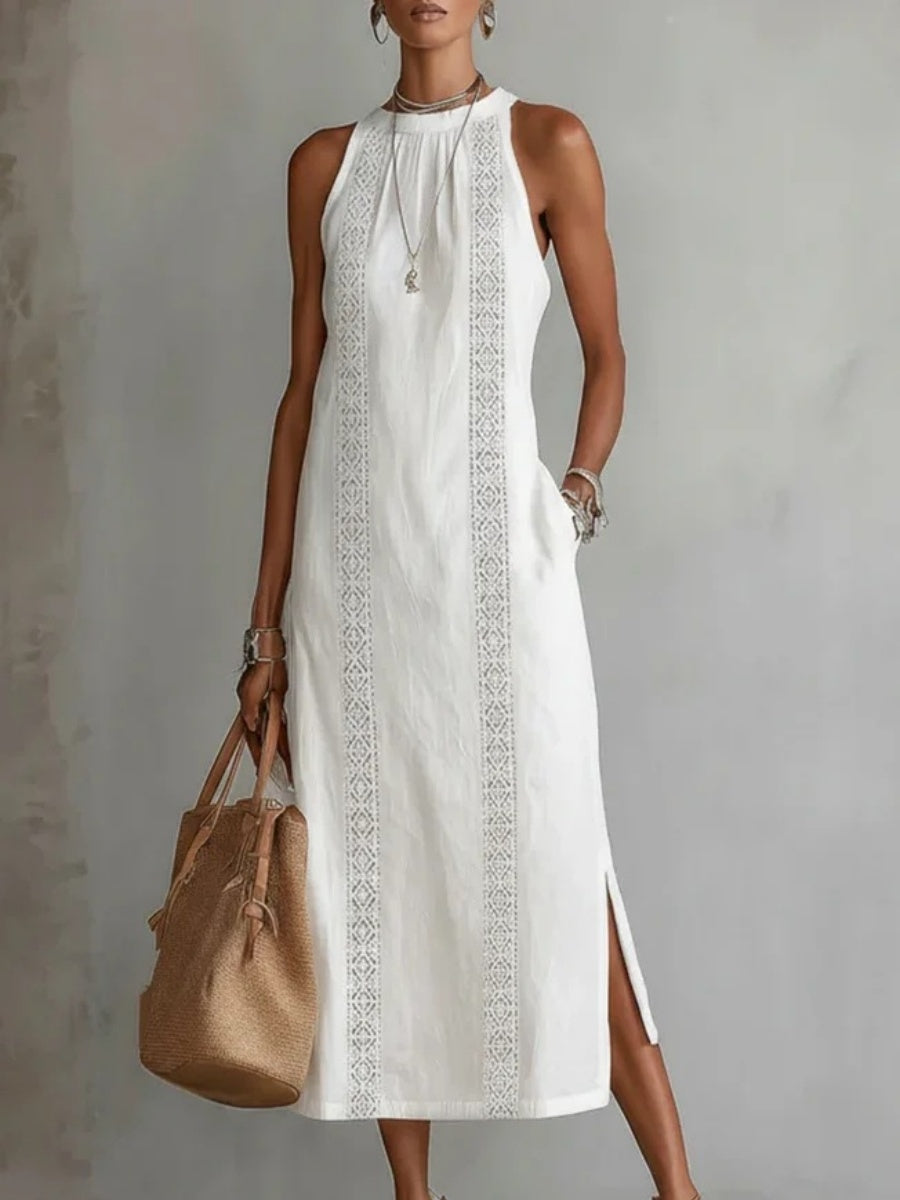 Halter Solid Color Lace Stitching Loose-fit Sundress Maxi Dresses