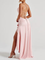 Spaghetti Strap Backless Ruffled Irregular Long Dress