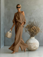 Loose-fit Off-shoulder Jacket Wide-leg Pants Set 2-piece Sets