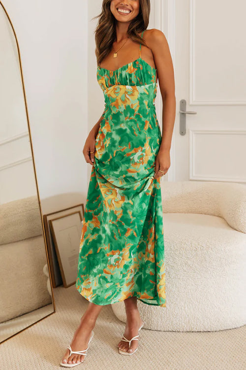 Spaghetti Strap Twist Back Printed Maxi Vacation Dress