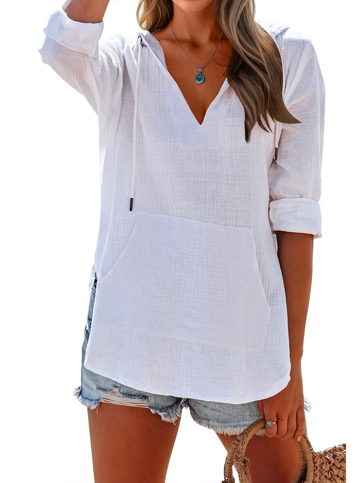 Long-sleeved V-neck Pocket Hoodie