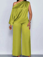 Satin Sloping Shoulders Short Sleeve Jacket Wide-leg Pants Set 2-piece Sets