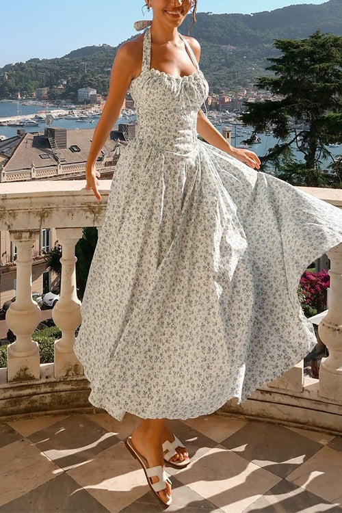 Halter Sleeveless Ruched Waist Floral Print Swing Midi Dress