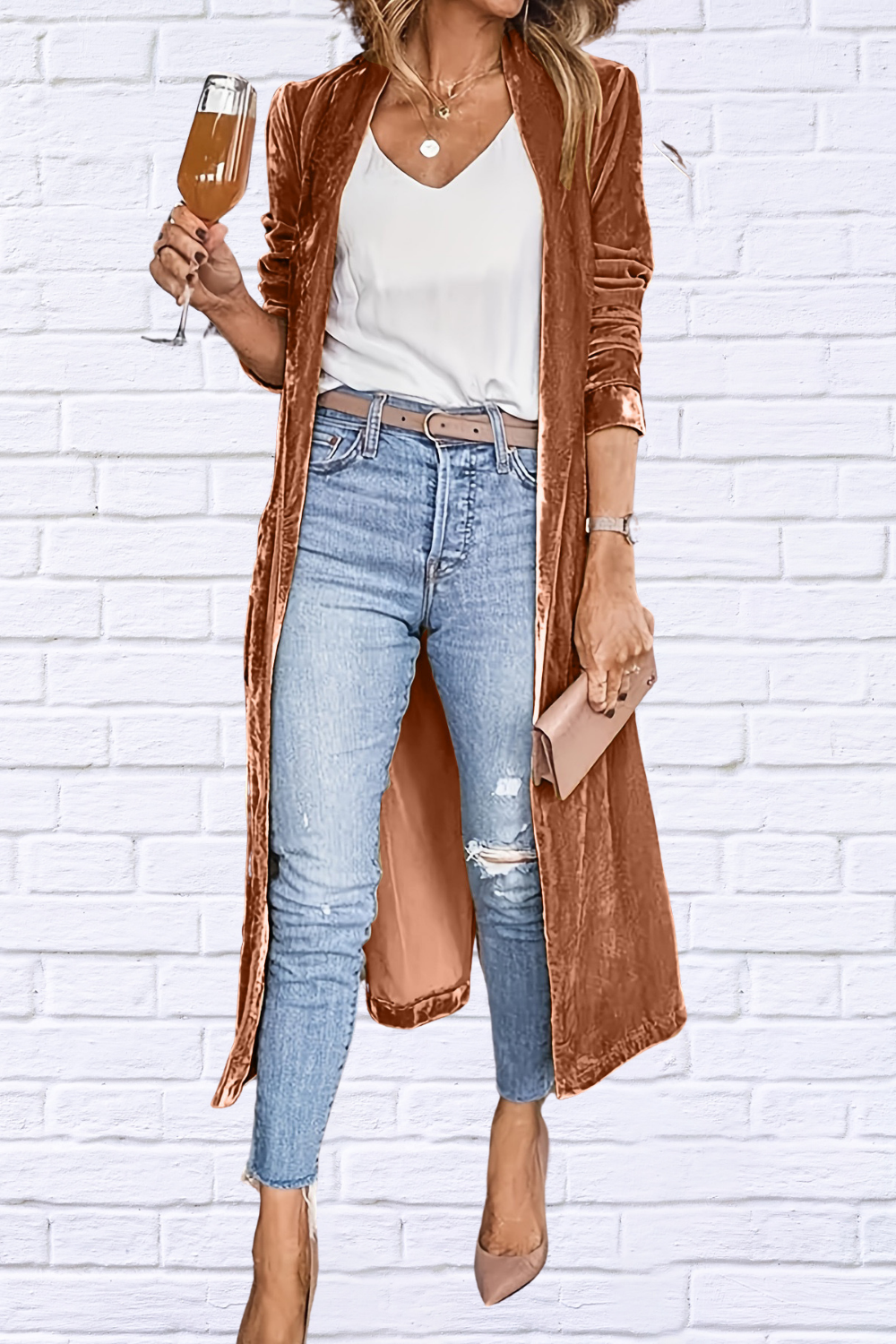 Velvet Woven Open Front Long Sleeve Coat