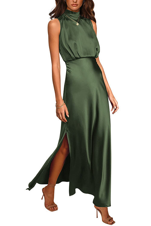 Sleeveless Mockneck Side Split Maxi Satin Dress