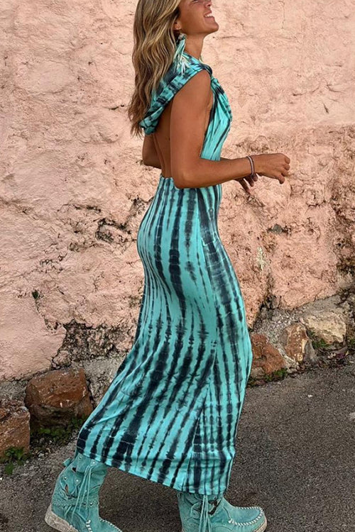 Cowl Neck Backless Tie Dye Hoodied Maxi Dress