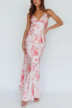 V Neck Open Back Floral Print Satin Maxi Cami Dress