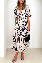 V Neck Half Sleeves Waisted Printed Maxi Swing Dress