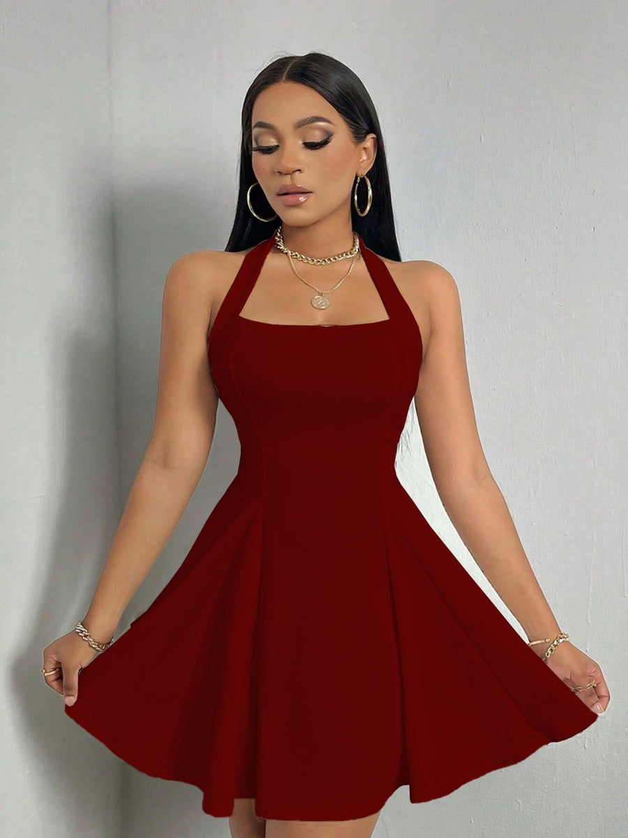 Halter Neck, Backless, Fitted Waist, A-line Short Dress