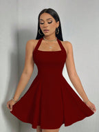 Halter Neck, Backless, Fitted Waist, A-line Short Dress