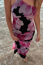 One Shoulder Cut Out Floral Print Maxi Cami Dress