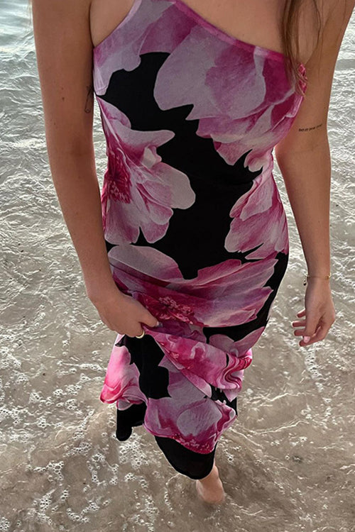 One Shoulder Cut Out Floral Print Maxi Cami Dress