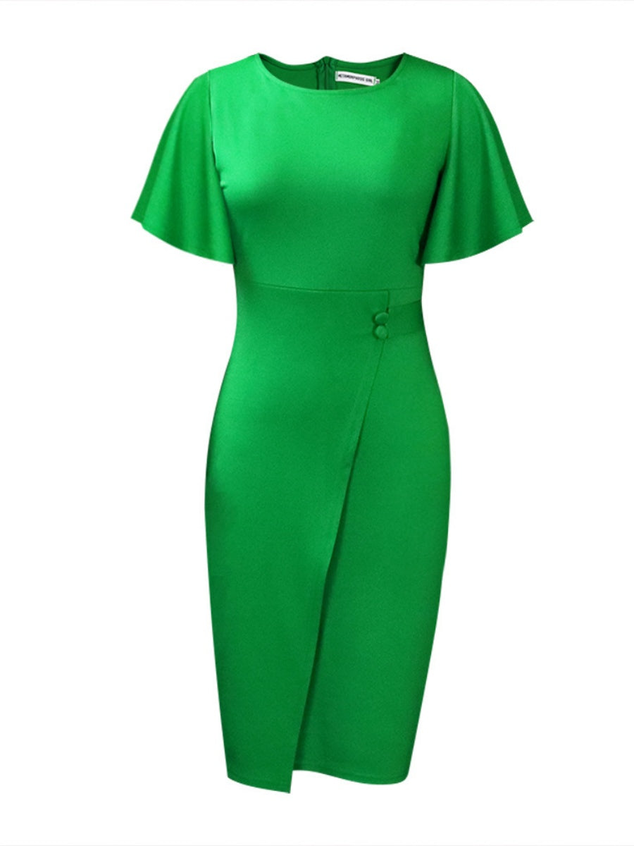 Commuting Lotus Leaf Sleeves Buttons Solid Color Mini&Short Dresses