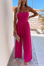 Spaghetti Strap Belted Pleated Wide Leg Jumpsuit