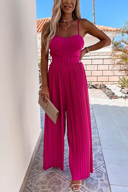 Spaghetti Strap Belted Pleated Wide Leg Jumpsuit