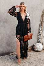 Lace Floral Embroidery Deep V-Neck Bishop Sleeve High Split Sheer Maxi Dress