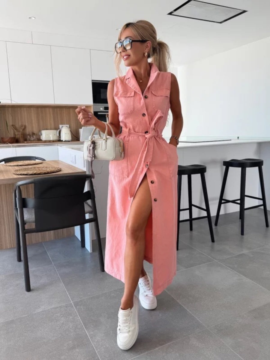 Sleeveless Tie-waist Single-breasted Denim Maxi Dress