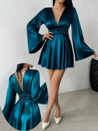 V-neck Long Sleeve Flared Sleeves Mini&Short Dresses