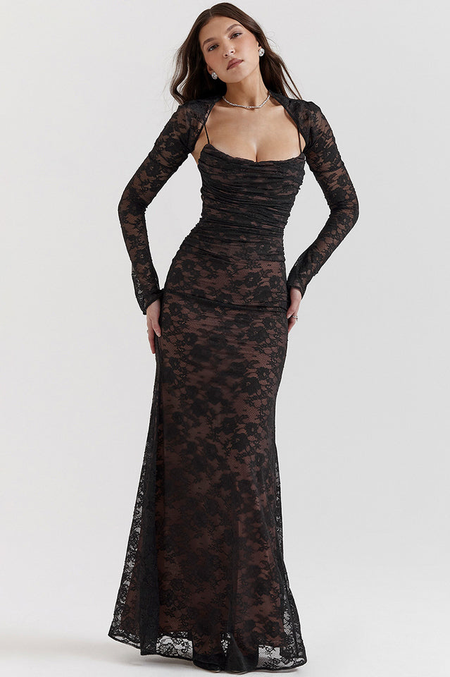 Square Neck Floral Lace Horizontal Ruching Long Sleeve Maxi Gown