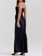 Satin Belted Strapless Off-the-shoulder Fishbone Pleated Long Bodycon Dress