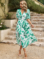 Waist-cinching Deep V-neck Floral Print Maxi Dresses