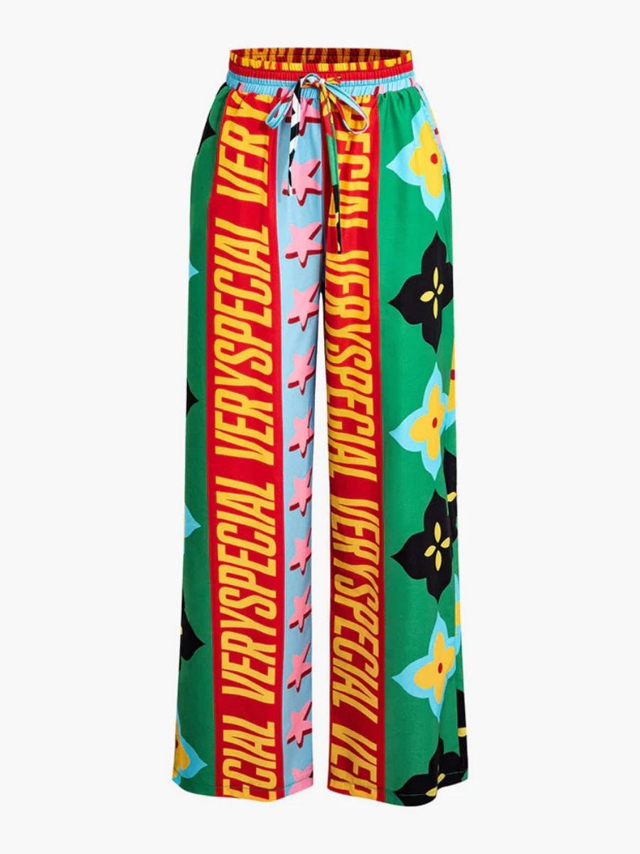 Printed Vacation Long-sleeved Shirt Pants Wide Leg Set 2-piece Sets