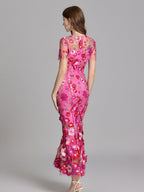 Embroidered 3D Floral Fitted Waist Short-sleeved Long Dress
