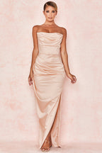 Strapless Cowl Neck Ruched Satin High Slit Maxi Dress