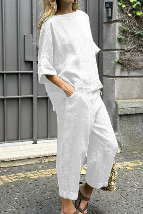 Cotton Linen Half Sleeves Pullover Top Wide Leg Tapered Pants Set