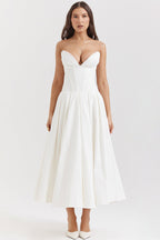 Strapless Plunging V-Neck Corset Bodice Box Pleat A-Line Midi Dress