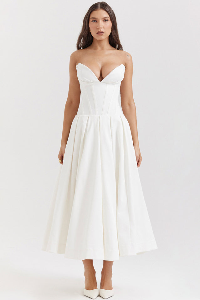Strapless Plunging V-Neck Corset Bodice Box Pleat A-Line Midi Dress