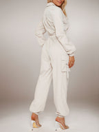 Flap Pocket Long Sleeve Waist Zipper Jumpsuits