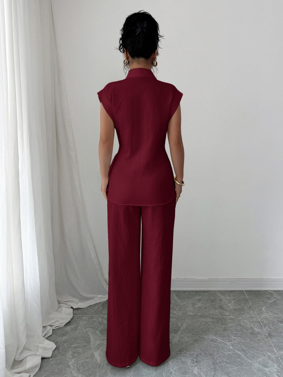 Lapel Sleeveless Kink Shirts Wide-leg Pants Business Suit 2-piece Sets