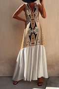 Sleeveless V Neck Printed Splice Maxi Swing Dress