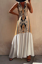 Sleeveless V Neck Printed Splice Maxi Swing Dress