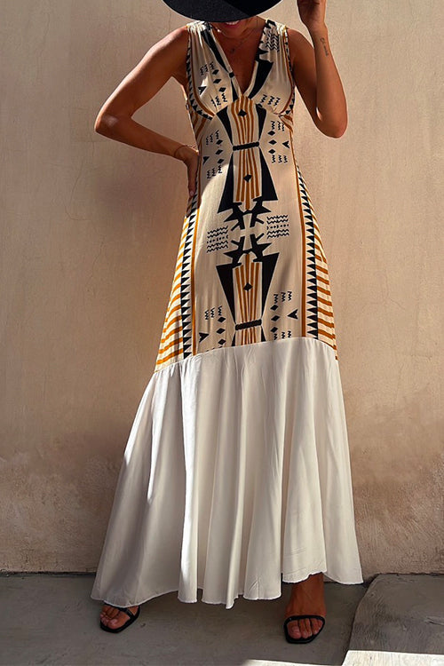 Sleeveless V Neck Printed Splice Maxi Swing Dress