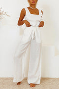 Square Collar Crop Tank Top Tie Waist Wide Leg Pants Cotton Linen Set