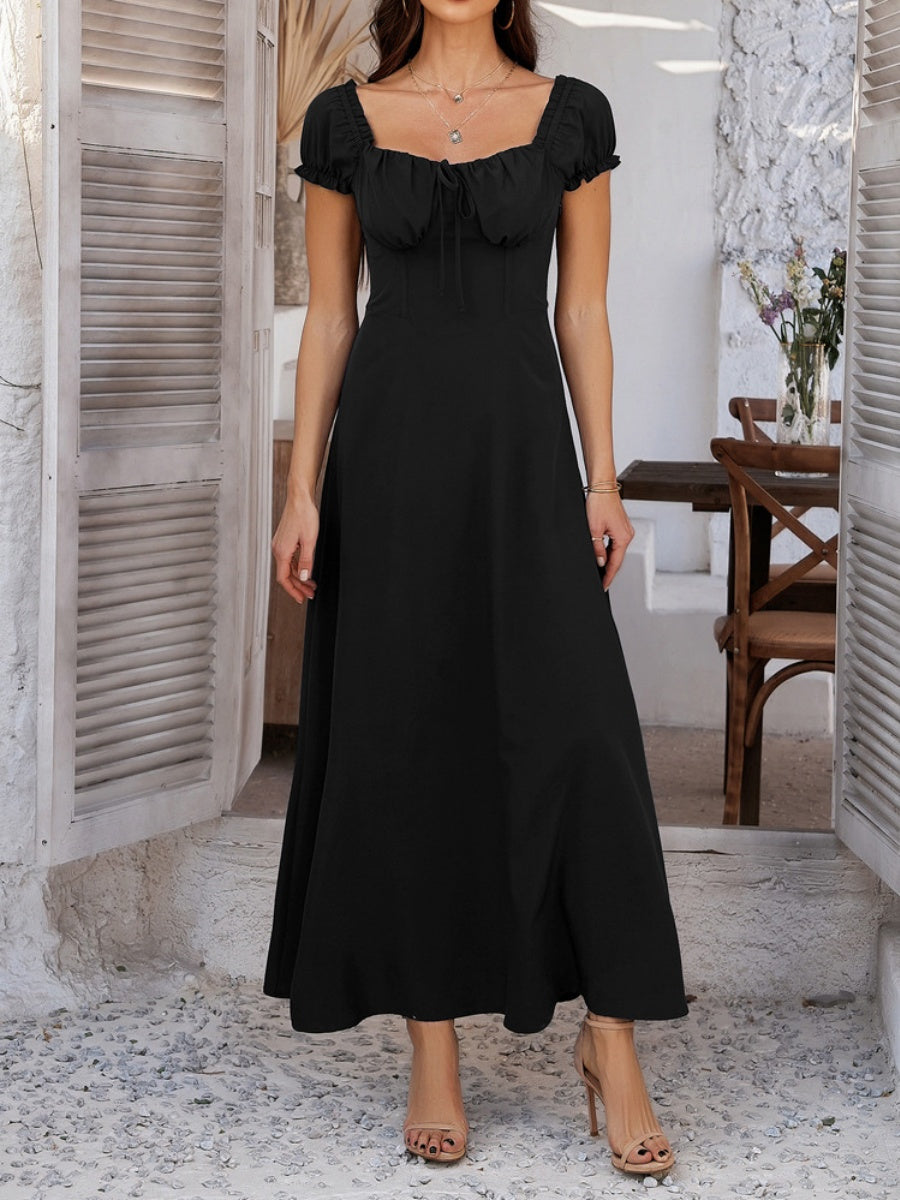 Tie-waist Ruched Puff Sleeve Long Dress