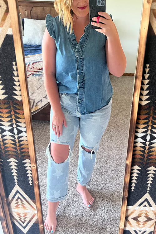 V Neck Ruffle Trim Sleeveless Denim Top