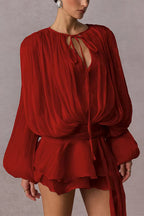 Lantern Long Sleeves Draped Ruffle Layered Mini Dress with Shorts
