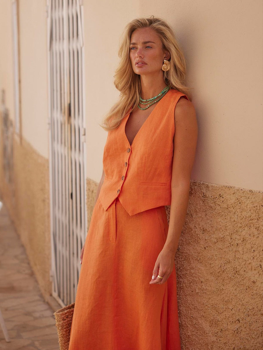Cotton And Linen Loose Buttons Vests High-waisted Midi Skirt Set 2-piece Sets