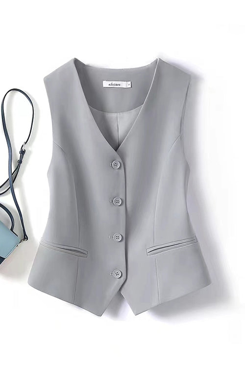 V Neck Button Up Pocketed Blazer Vest