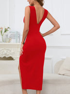 V-neck High-slit Solid Color Midi Dress