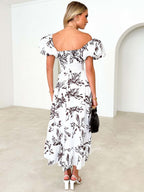Printed Puff Sleeve Sweetheart Collar Vacation Maxi Dresses