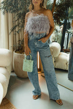 Strapless Faux Feather Crop Top